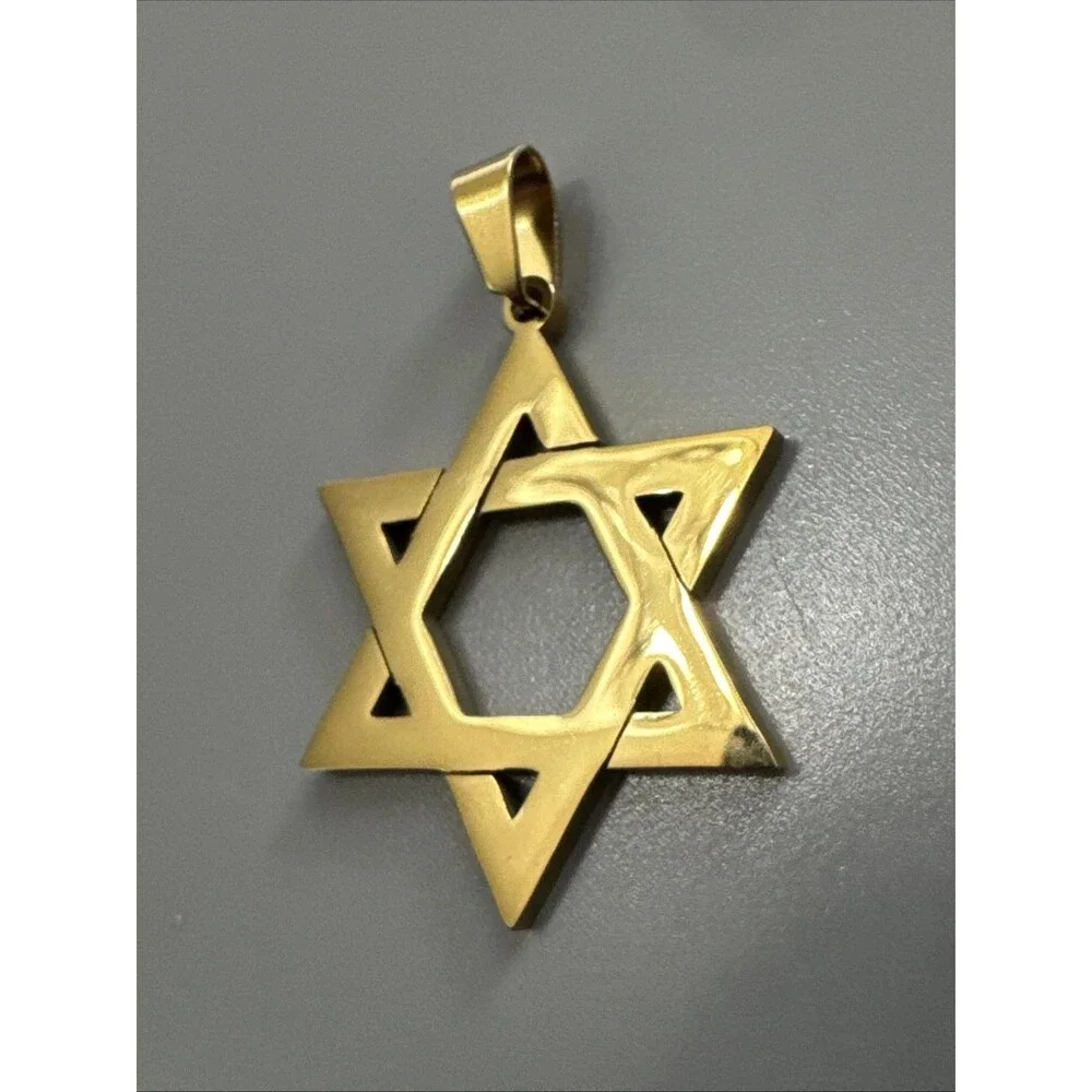 Stainless Steel Hebrew Jewish Israel Star of David Pendant 24” Chain Gold Unisex